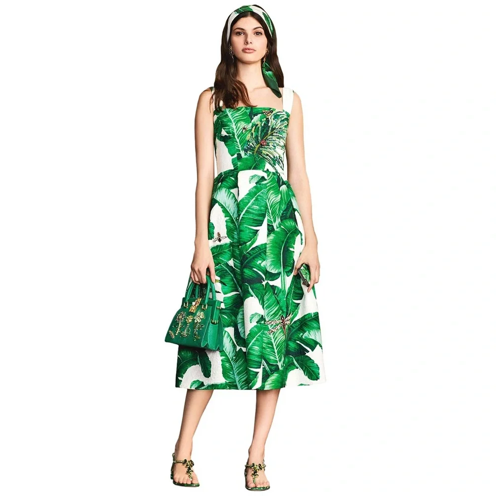 Belle Epoque Tropical Leaf Print Fit & Flare Size M Green White Summer Sundress - Picture 12 of 12